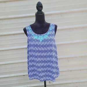 Dept 222 Petite Luxey Blue White Green Jewel Embellished Sleeveless Tank Top PXL